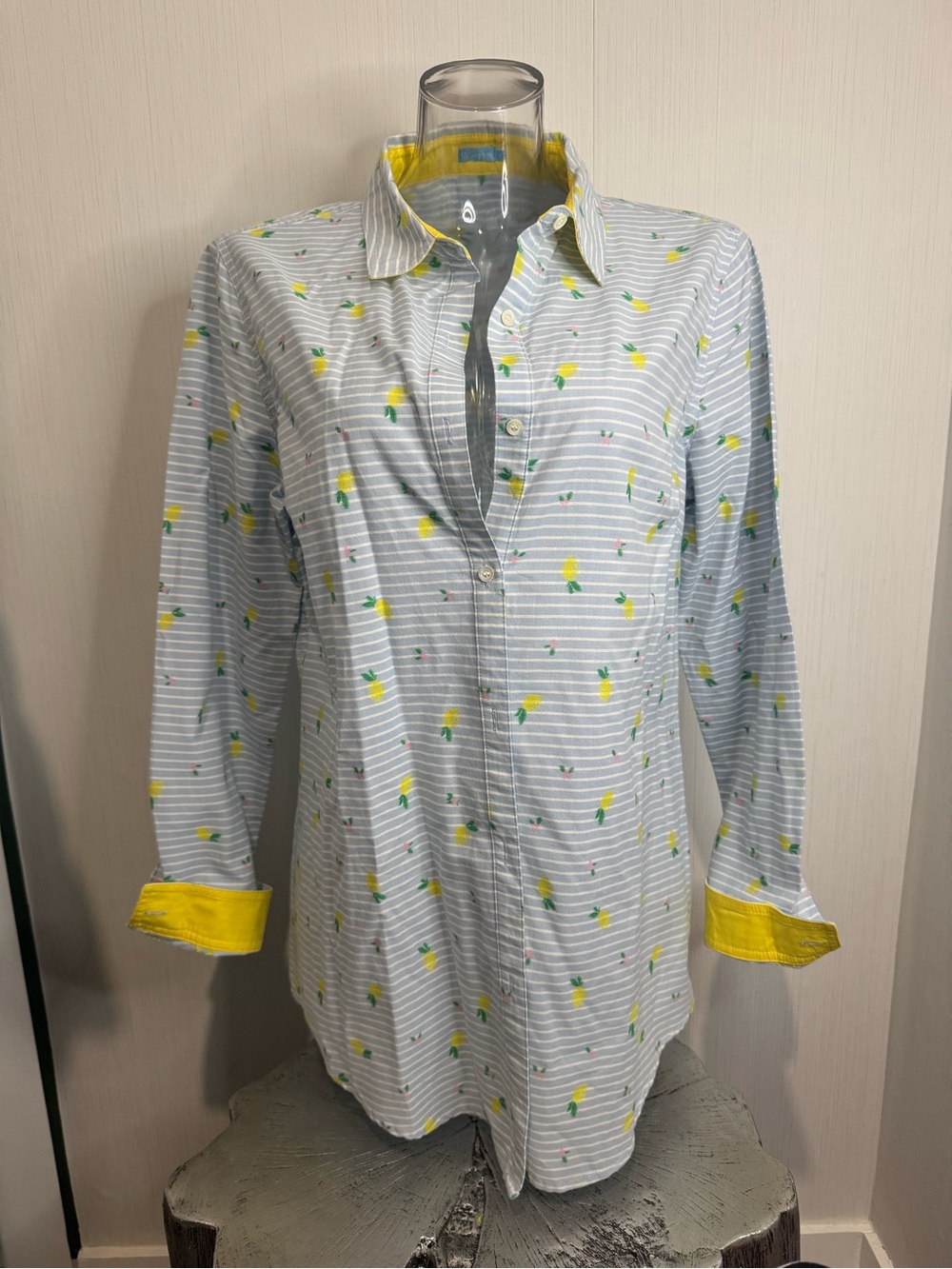 J. McLaughlin Lois Blouse. Large. Blue with Yellow Embroidery and Accents.